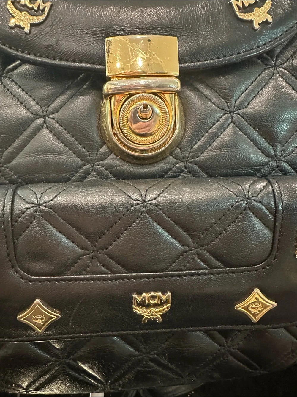 MCM # 226 Quilted Black Leather Backpack Gold Hardware/Logo Studs